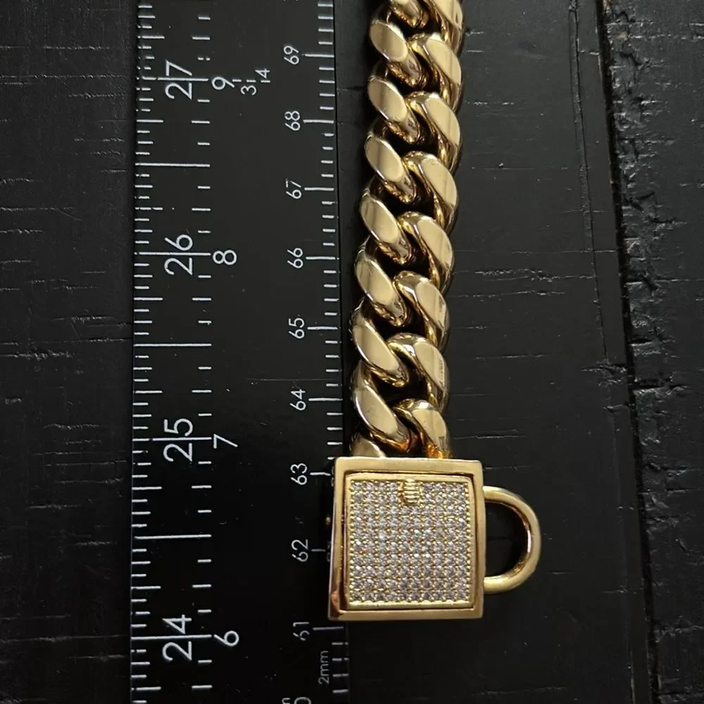 Dog Wide Cuban Link Stainless Pet Chain Gold Tone Collar Necklace Pet Accessory